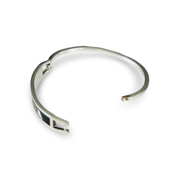 Mexico Inlay Cuff Hinged Bracelet 925 Sterling Silver Black & Pearl Size 6.5” - Picture 3 of 6